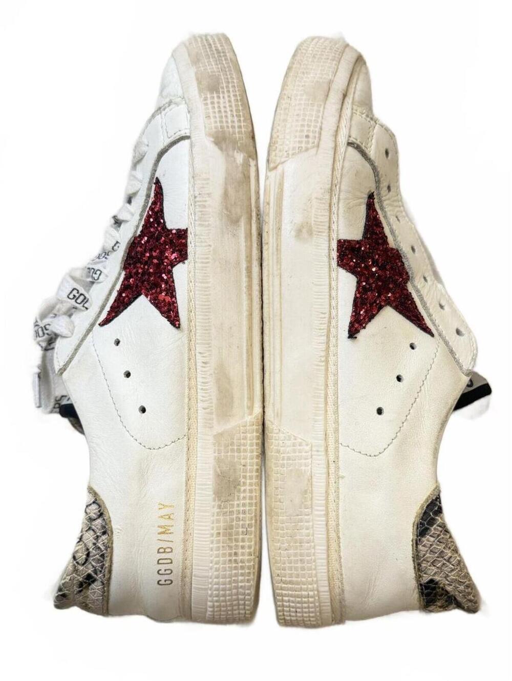 Golden Goose May White Croc-Embossed Sneakers Red Glitter Star Snake Print Sz 7 - Picture 4 of 13